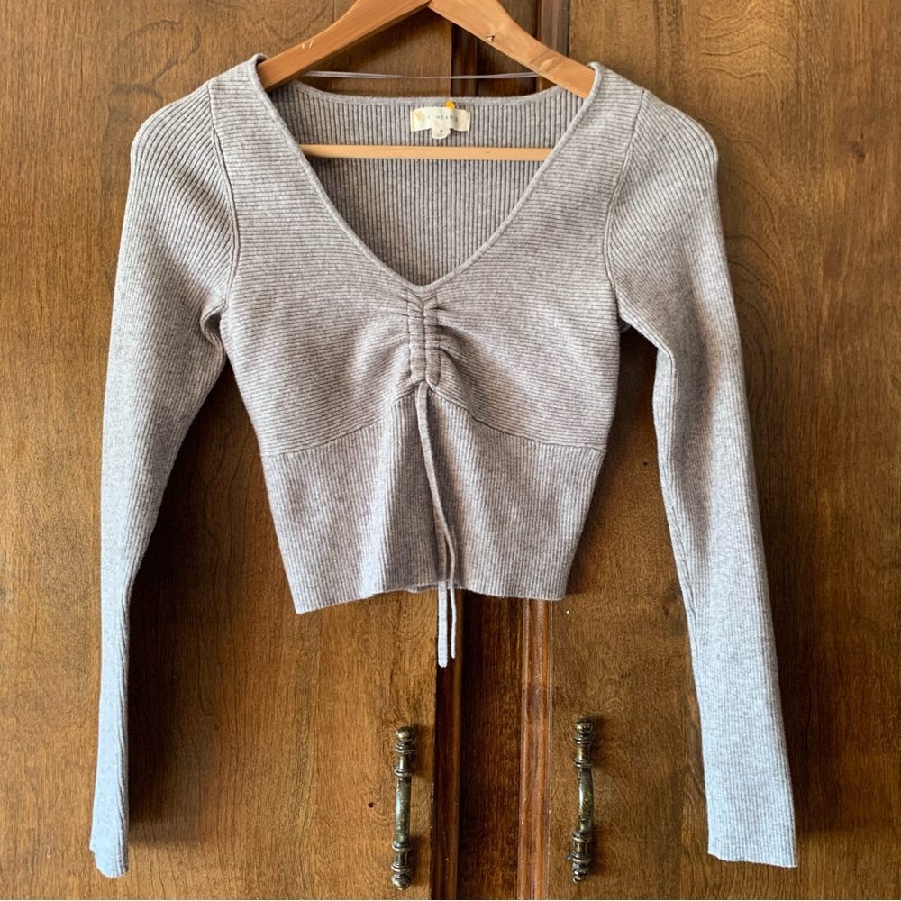 Ribbed V-Neck Drawstring Long Sleeve Top